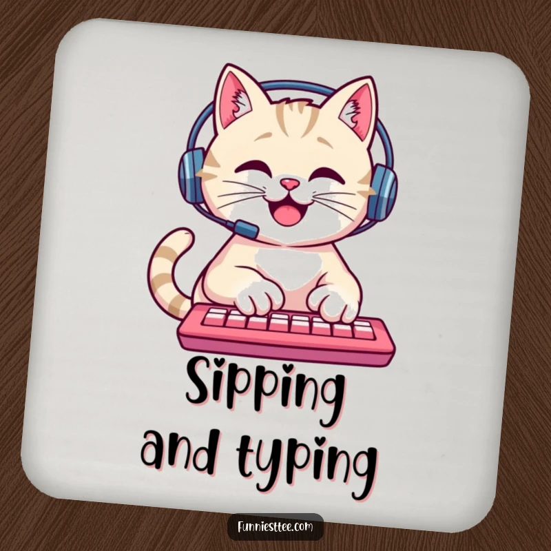 Funny Cat Drink Coaster: A happy cat wearing a headset types furiously on a keyboard, a humorous desk accessory.