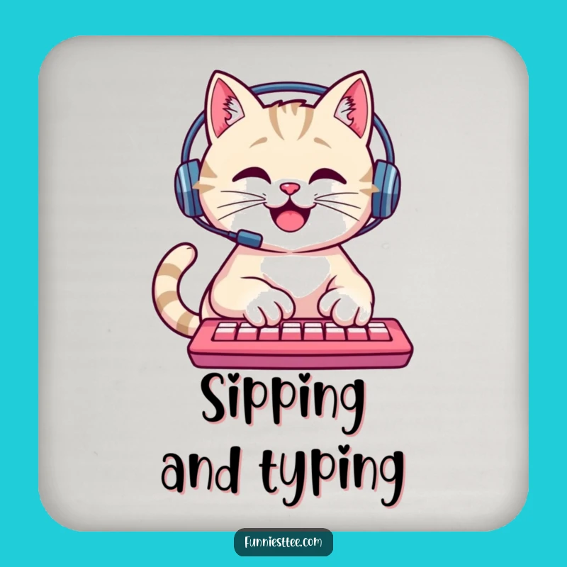 Funny Cat Drink Coaster: Happy Typing Cat, Quirky Tech Gift