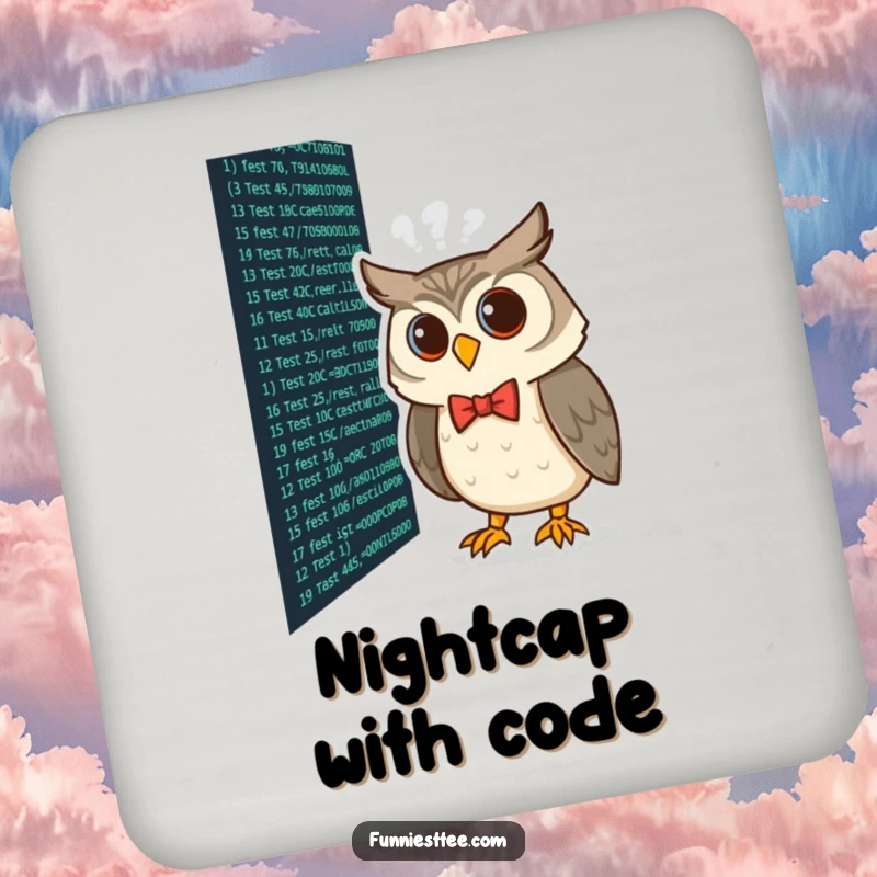 Funny curious owl wearing a bow tie peering at lines of code on a screen, coding humor on drink coasters.