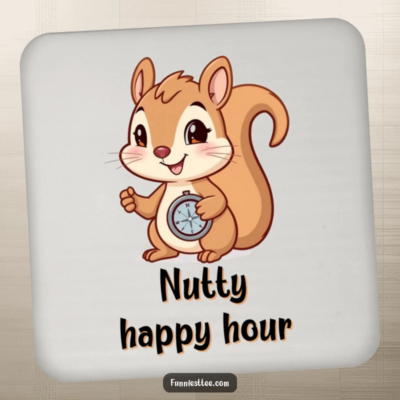 Funny Drink Coaster: Smiling squirrel holding a compass, determined to find a hidden nut, bringing adventurous humor to surfaces.