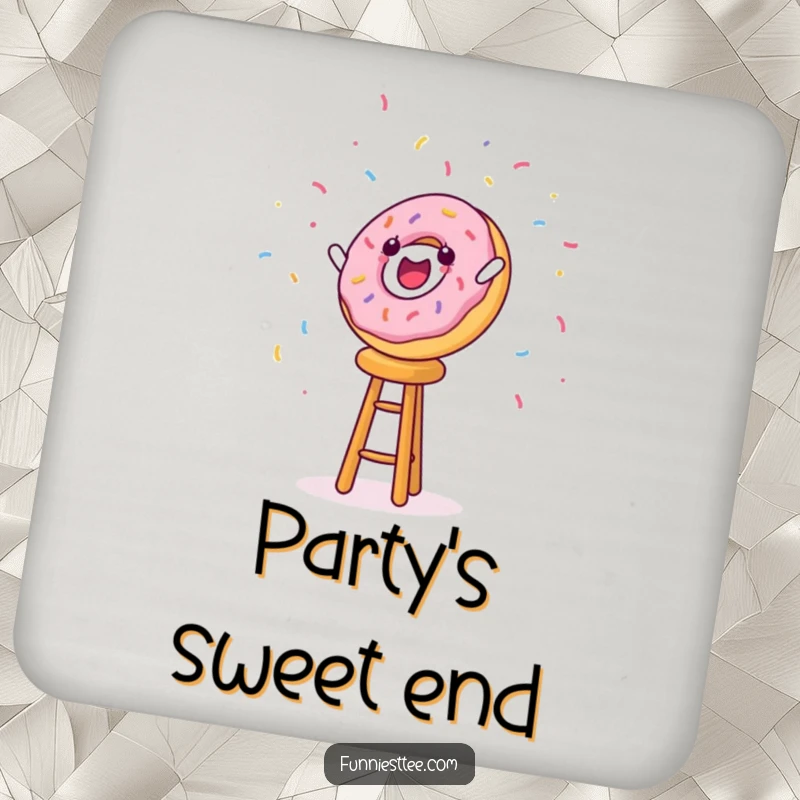 Funny coasters showing a donut character falling off a stool with sprinkles flying, perfect for drink protection.
