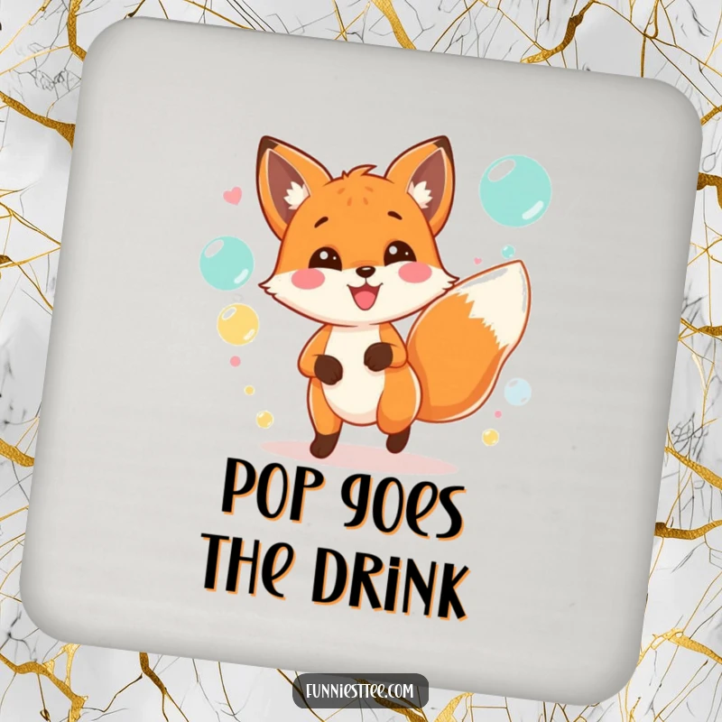 Funny drink coaster featuring a happy fox with a wagging tail, chasing floating bubbles at a party.