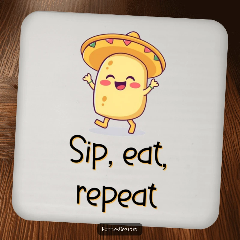 Funny drink coaster showcasing a giggling taco in a sombrero, joyfully tapping its feet, for surface protection.