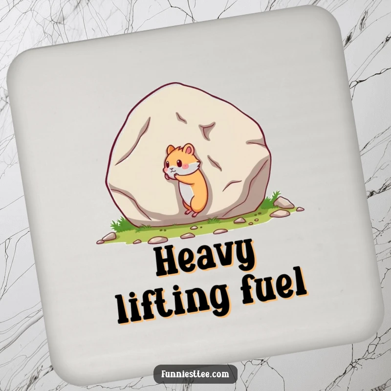 Funny drink coaster depicting a small hamster's comical struggle to push an oversized boulder, protecting surfaces.