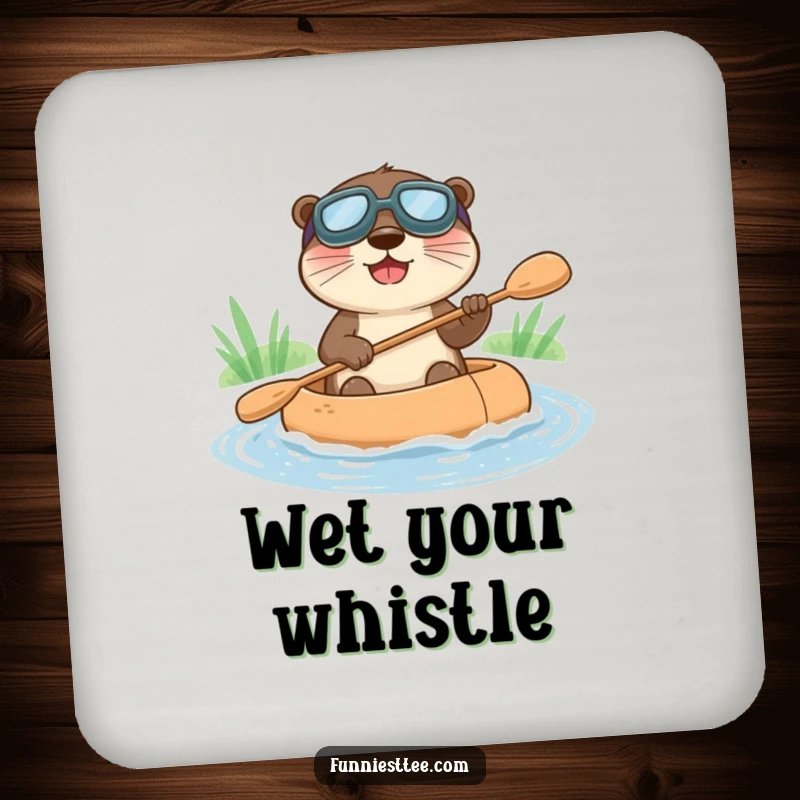 Funny drink coaster featuring a happy otter in goggles, paddling a raft down a gentle stream, protecting surfaces.