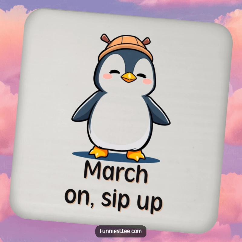 Funny drink coaster featuring a determined penguin in a propeller hat, marching with gusto.