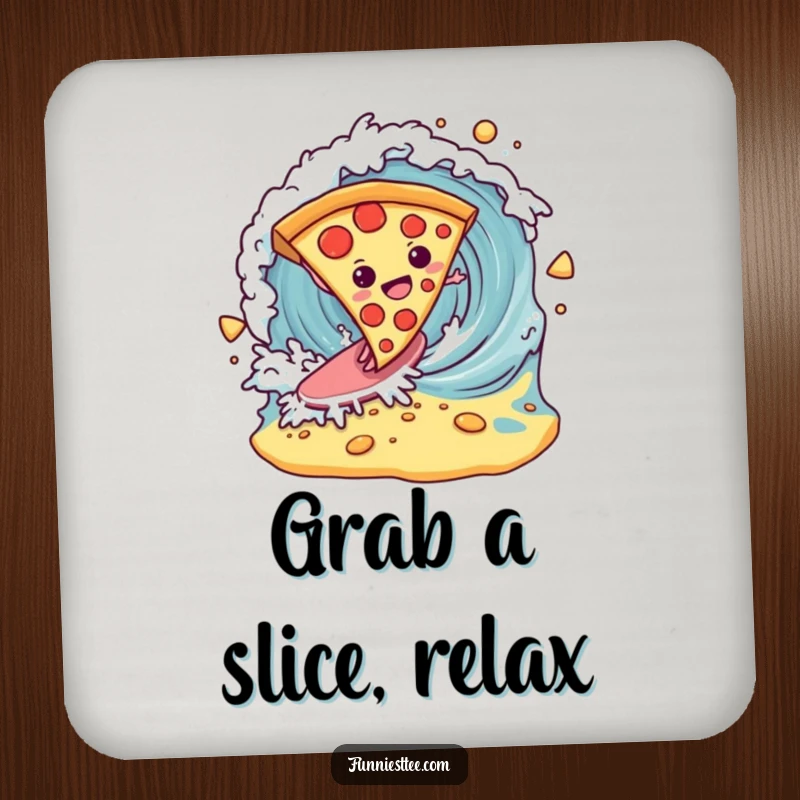 Funny determined pizza slice surfing a breaking wave of cheese on a drink coaster, a humorous and protective surface saver.