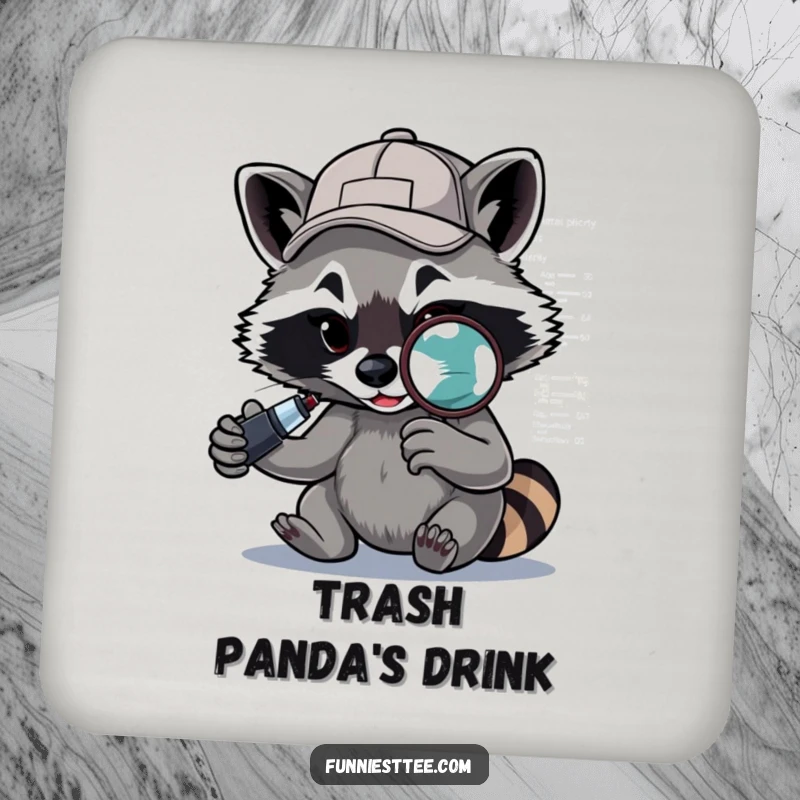 Funny Raccoon Drink Coaster: A determined raccoon with a backward cap uses a magnifying glass to debug code, perfect for tables.