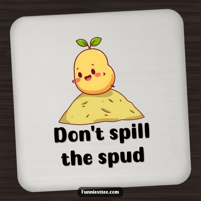 Funny drink coaster with a determined potato rolling downhill, providing surface protection with a dose of humor and cheerful energy.