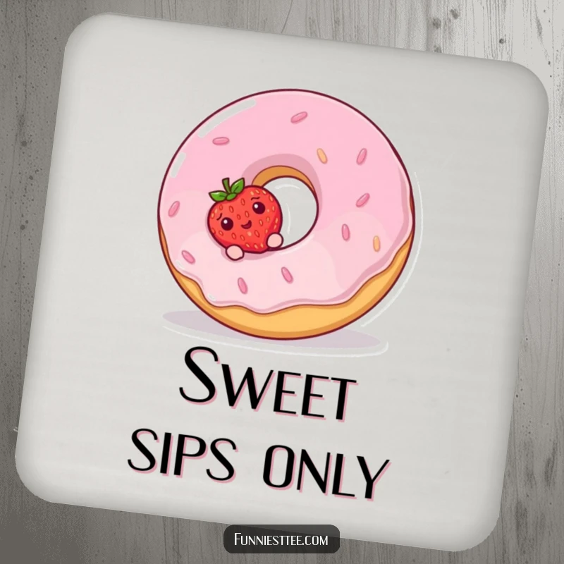 Funny Coaster design: a shy strawberry peeking from behind a large, giggling donut, adding a touch of sweet humor to drinks.