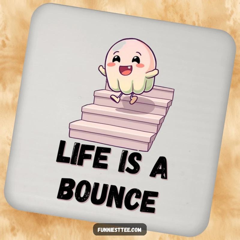 Funny drink coasters featuring a wobbly jelly character bouncing down stairs, offering humorous protection for beverages with a cheerful design.