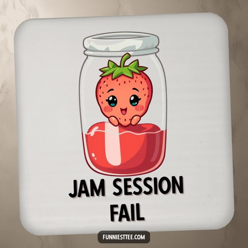 Funny drink coasters featuring a cheerful strawberry character stuck in a jam jar, looking surprised, a charming table protector.