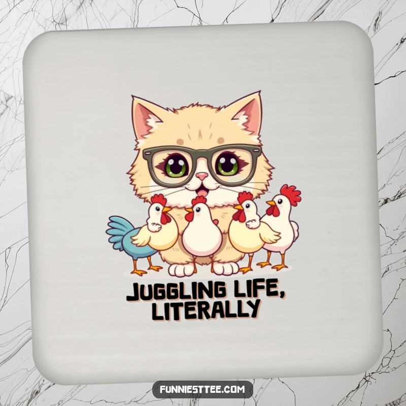 Funny drink coasters featuring a fluffy cat wearing big glasses, comically juggling three rubber chickens, adding a humorous touch to beverage service.