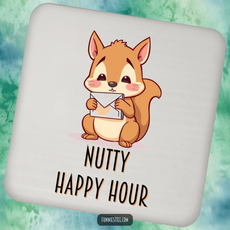 Funny Squirrel Mail Coaster: A confused squirrel tries to mail a nut to itself, protecting surfaces humorously.