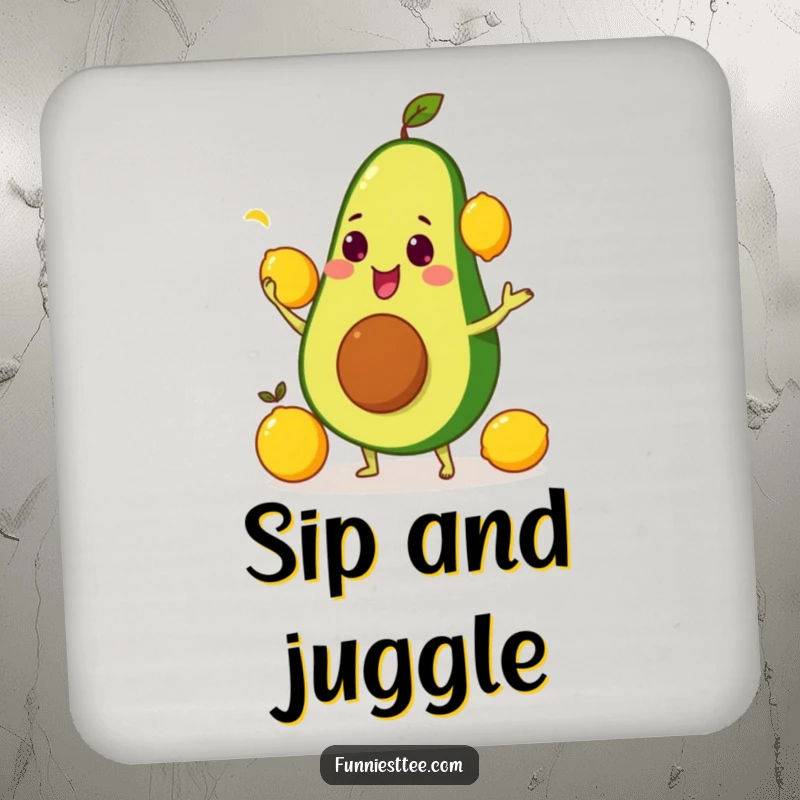 Funny coasters showing an avocado comically juggling yellow lemons, perfect for protecting furniture.