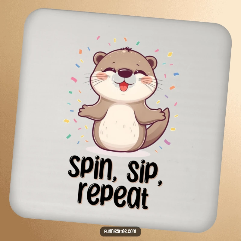 Funny drink coaster showing a delighted otter spinning happily in confetti, offering surface protection with a side of pure joy.