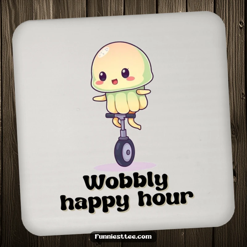 Funny drink coaster with a wobbly jelly character balancing on a tiny unicycle, providing laughs and surface protection.