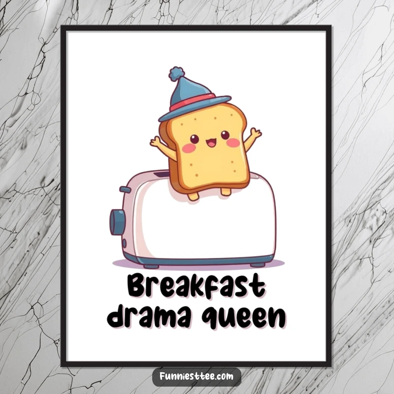 Funny Poster art depicting a piece of toast in a small hat dramatically leaping out of a vintage toaster.