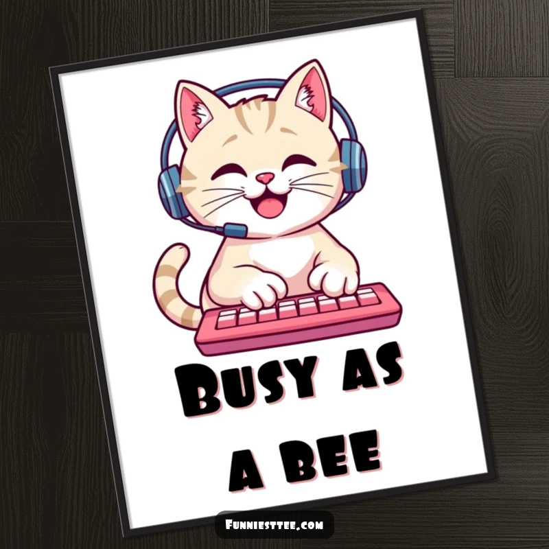 Funny Cat Poster: A happy cat wearing a headset types furiously on a keyboard, a humorous and vibrant art piece.