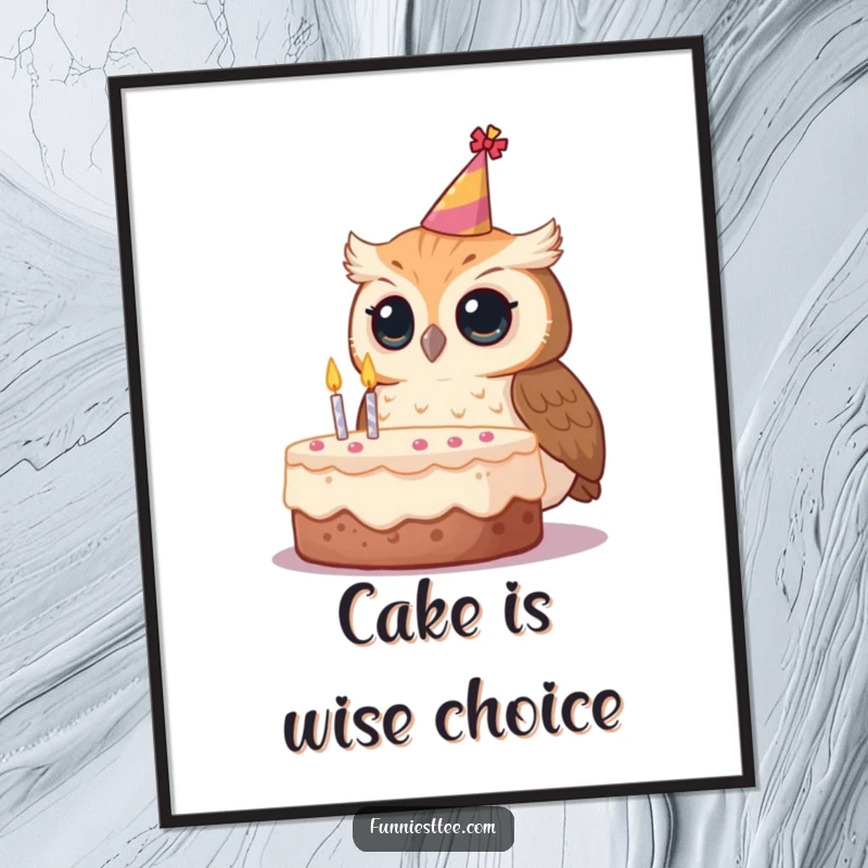 Funny owl birthday poster, a curious owl in a tilted party hat looking at a cake.