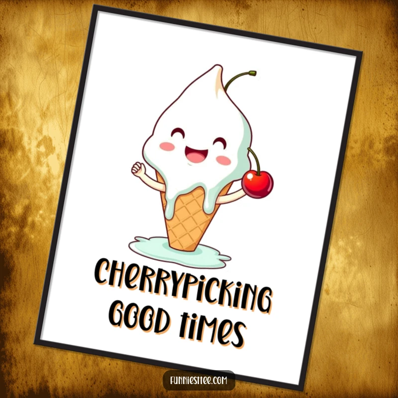 Funny ice cream poster featuring a smiling, melting cone reaching for a cherry high-five, a delightful and humorous piece of dessert wall art.