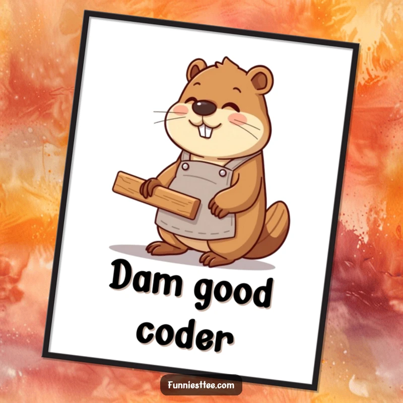 Funny beaver coder wearing an apron, constructing a website with wood planks, presented as eye-catching wall art.