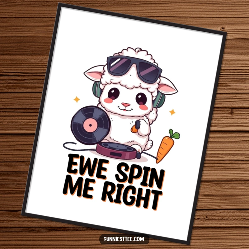 Funny poster art of a fluffy sheep wearing sunglasses, cooly DJing with a record and carrot, capturing a hip and humorous music scene ready to hang.