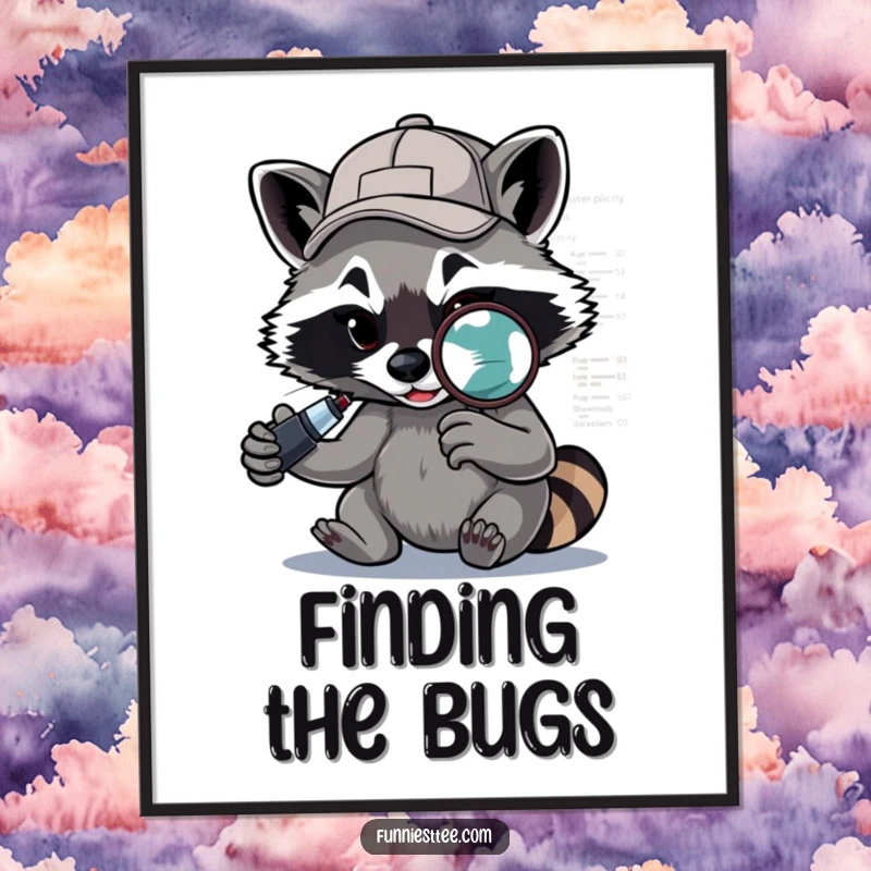 Funny Raccoon Poster: A determined raccoon wearing a backward cap uses a magnifying glass to debug code, humorous tech art.