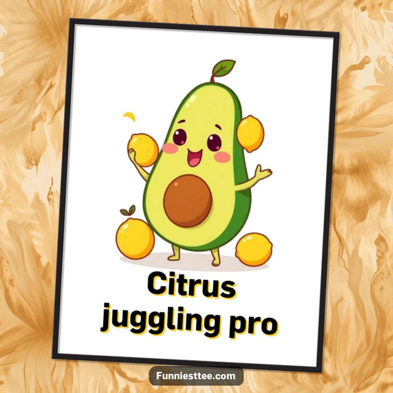 Funny food-themed poster print of an avocado comically juggling lemons, perfect wall art for kitchens.