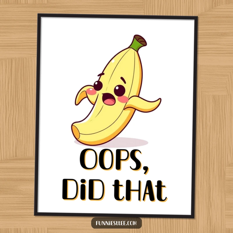 Funny poster displaying a surprised cartoon banana peel with a wide grin, comically slipping on its own peel, a hilarious piece of art.