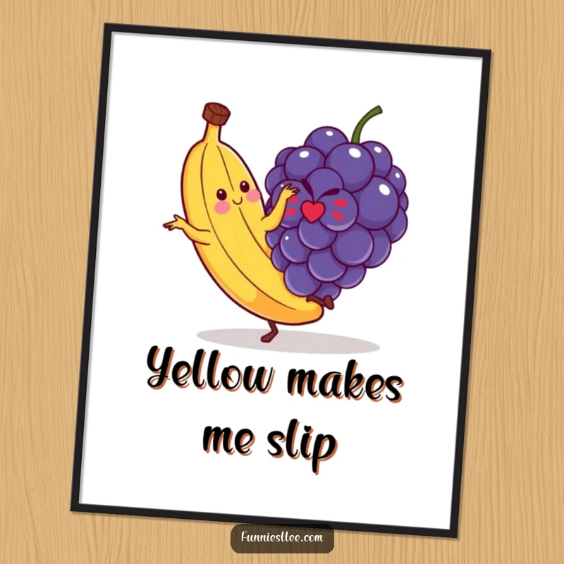 Funny poster print of a banana mid-air after slipping on a tiny grape, conveying motion, surprise, and comedic disaster.