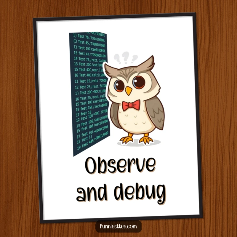 Funny curious owl wearing a bow tie peering at lines of code on a screen, coding art print for wall decor.