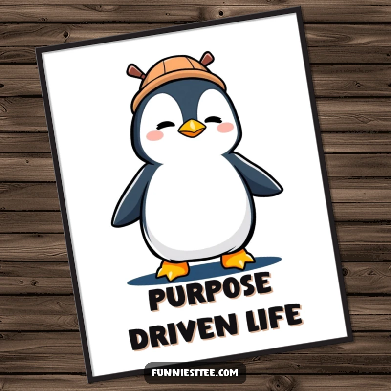 Funny poster print of a determined penguin in a propeller hat, marching forward with unwavering gusto.