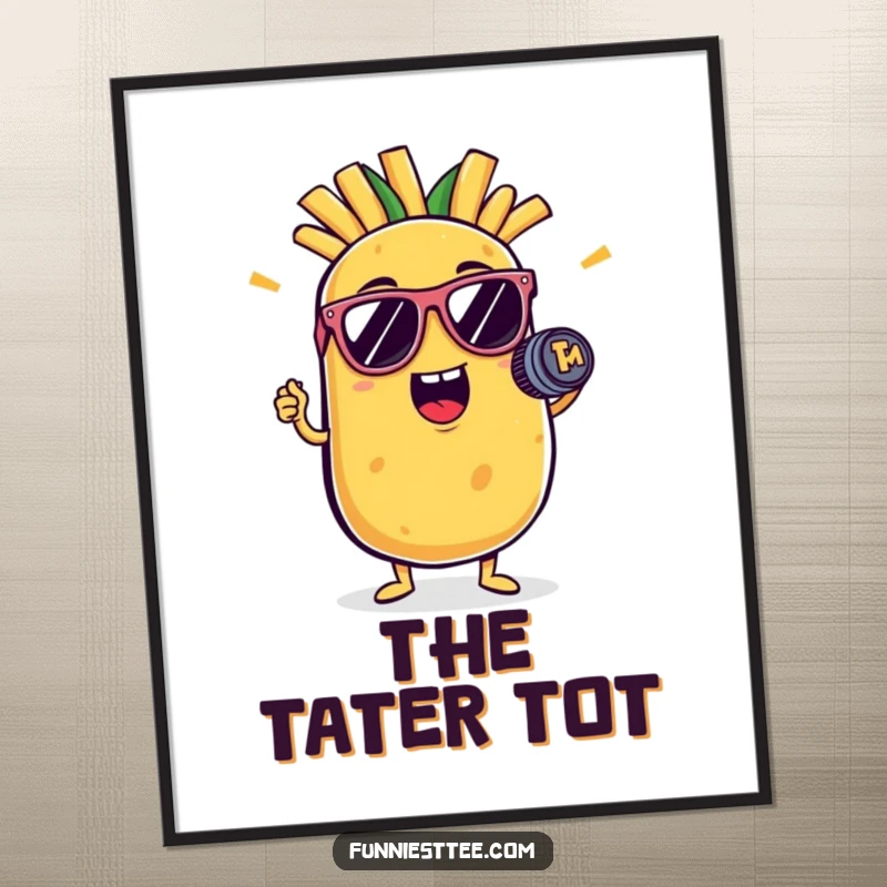 Funny potato poster featuring a potato character in sunglasses holding a French fry mic, striking a dramatic rockstar pose.