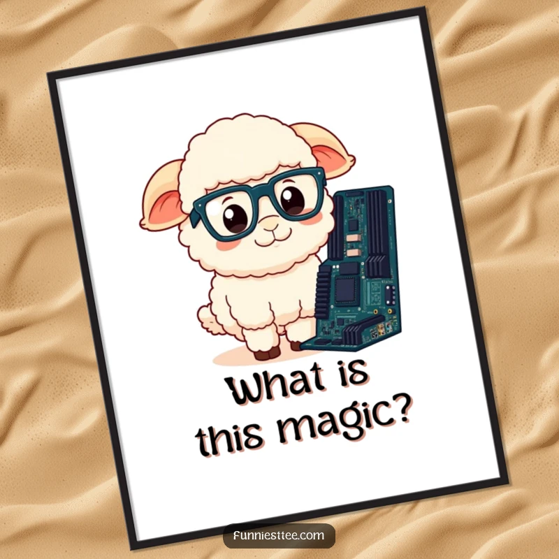 Funny Sheep Poster: A bewildered fluffy sheep wearing glasses stares at a computer motherboard, depicting funny tech confusion.