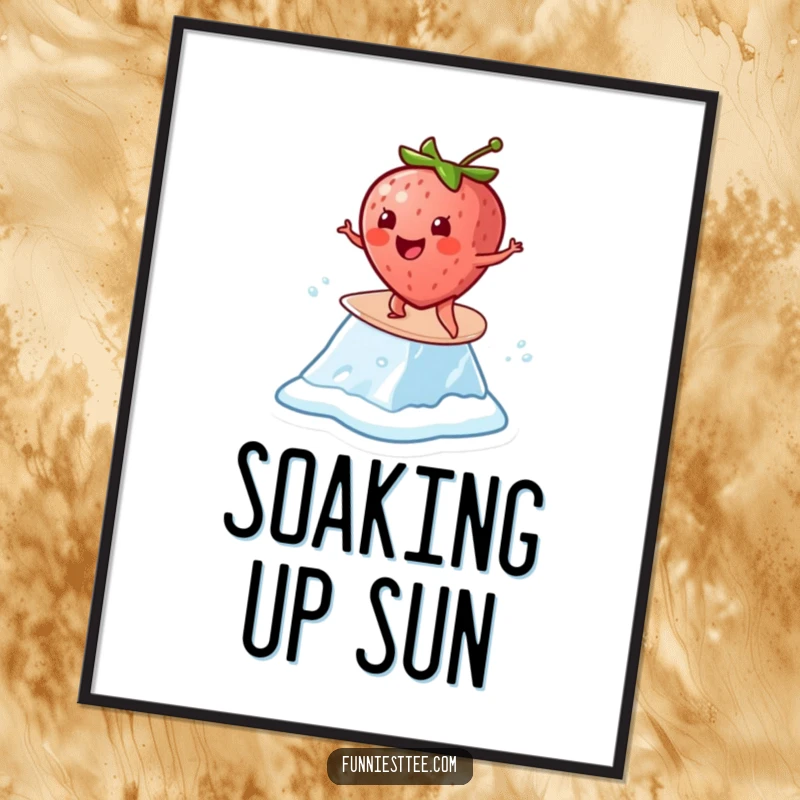 Funny Strawberry Surf Poster: A cheerful strawberry surfs on a melting ice cube, creating humorous wall art.