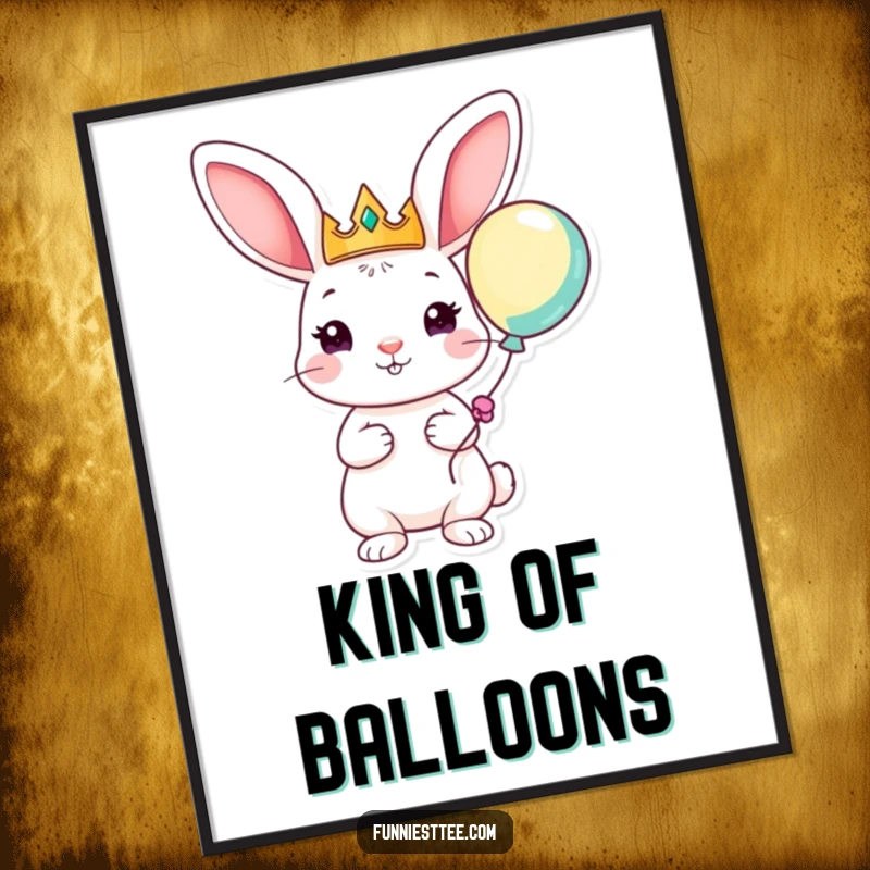 Funny poster of a playful rabbit with large ears, wearing a crown and holding a balloon, symbolizing whimsical royalty and pure, joyful celebration.