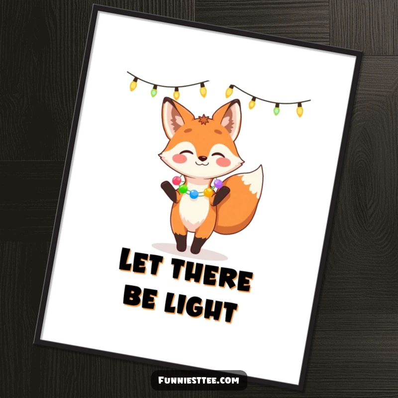 Funny poster of a giggling fox wearing a garland, dancing joyfully under a string of lights, symbolizing festive cheer and playful delight.