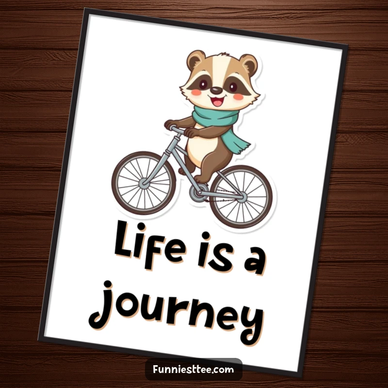 Funny badger poster depicting a cheerful badger in a scarf, riding a bicycle with big, unsteady wheels, full of character.