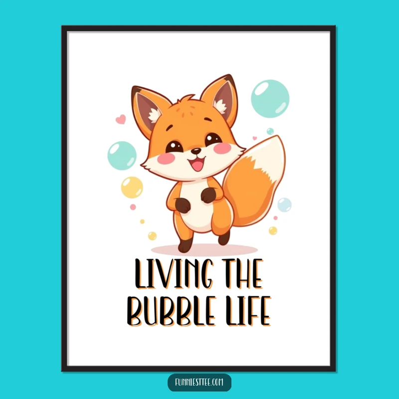 Funny Fox Party Poster: Vibrant Bubble Chasing Art for Festive Spaces