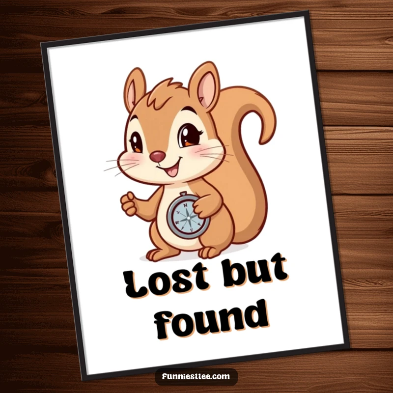 Funny Poster: Smiling squirrel holding a compass, determined to find a hidden nut, perfect for adventure-themed decor.
