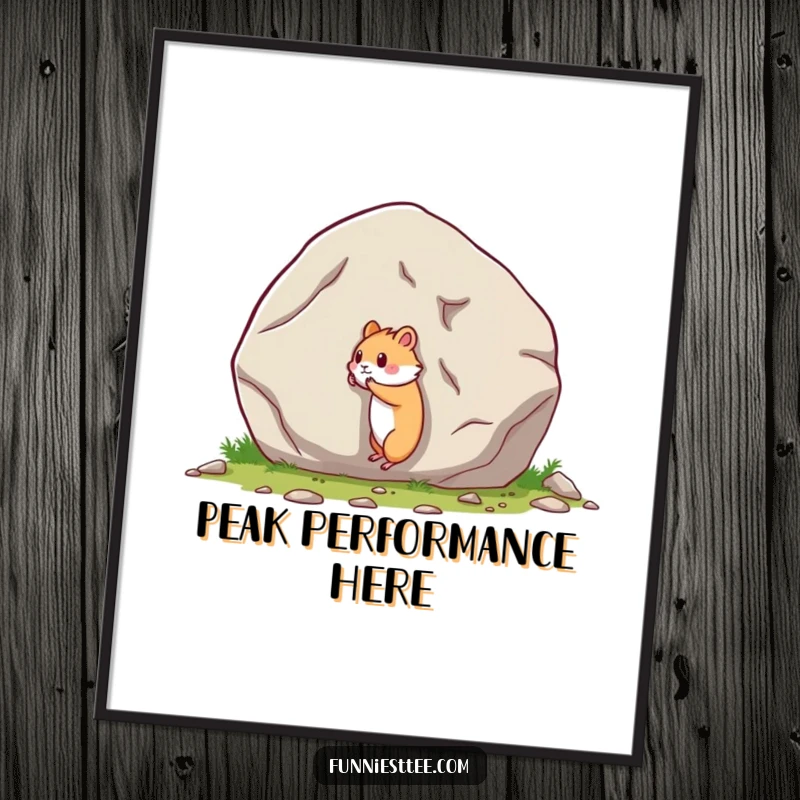 Funny poster artwork of a tiny hamster's humorous struggle to push an impossibly large boulder, inspiring wall decor.