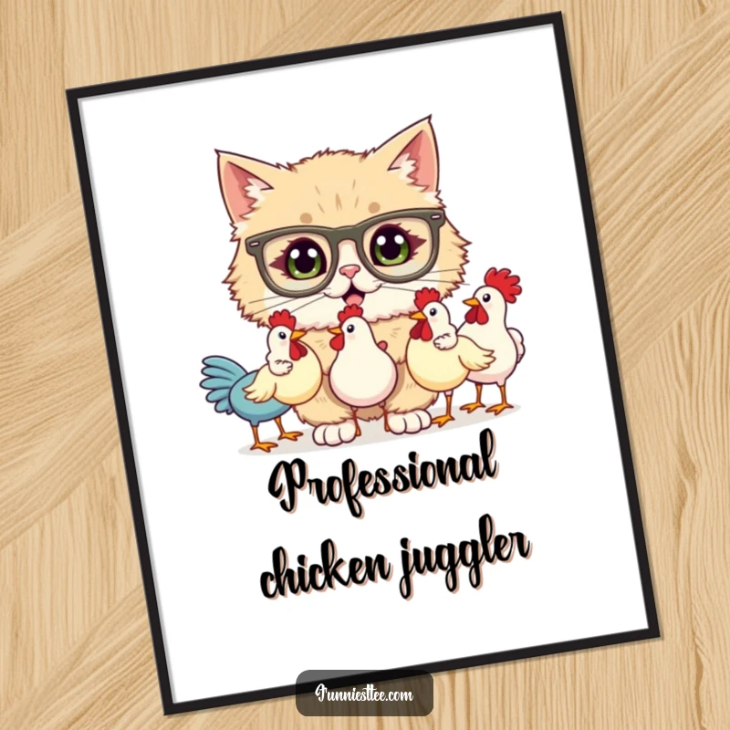 Funny poster depicting a fluffy cat wearing quirky glasses, comically failing to juggle three bright rubber chickens against a simple backdrop.