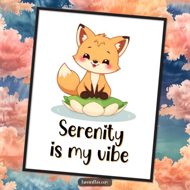 Funny fox cub poster showing a happy fox cub with a wide grin, balancing on a floating lily pad, whimsical art.