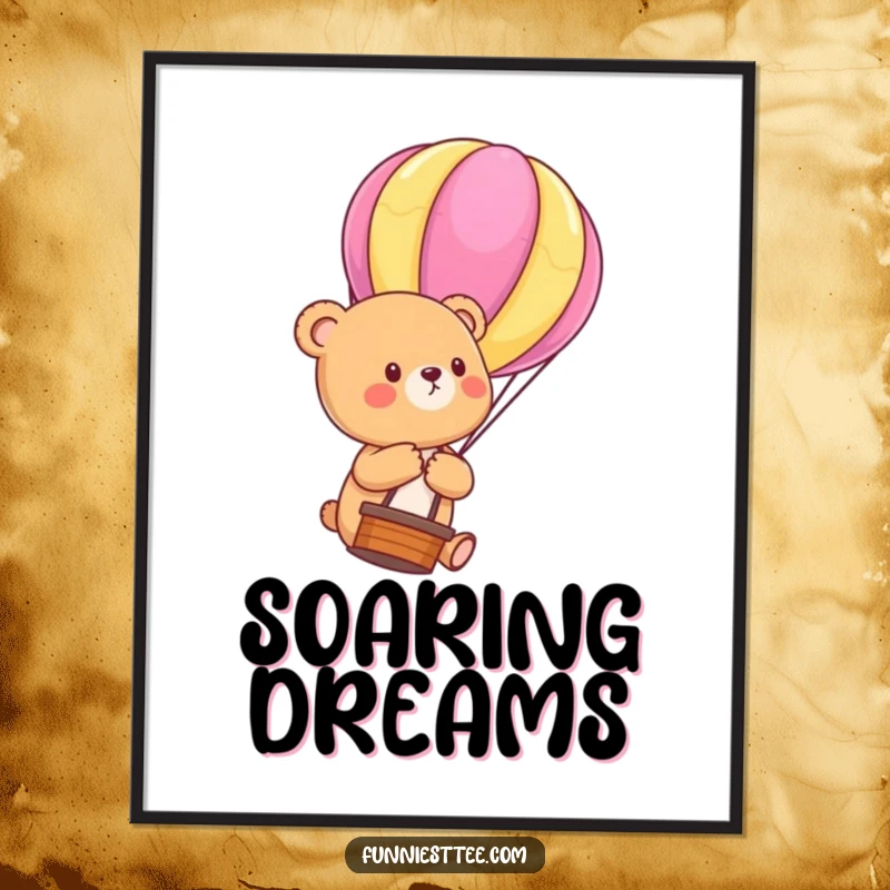 Funny Bear Cub Balloon Poster: Wall art print of a cute bear cub floating upwards, holding a colorful hot air balloon string, a funny and whimsical piece.