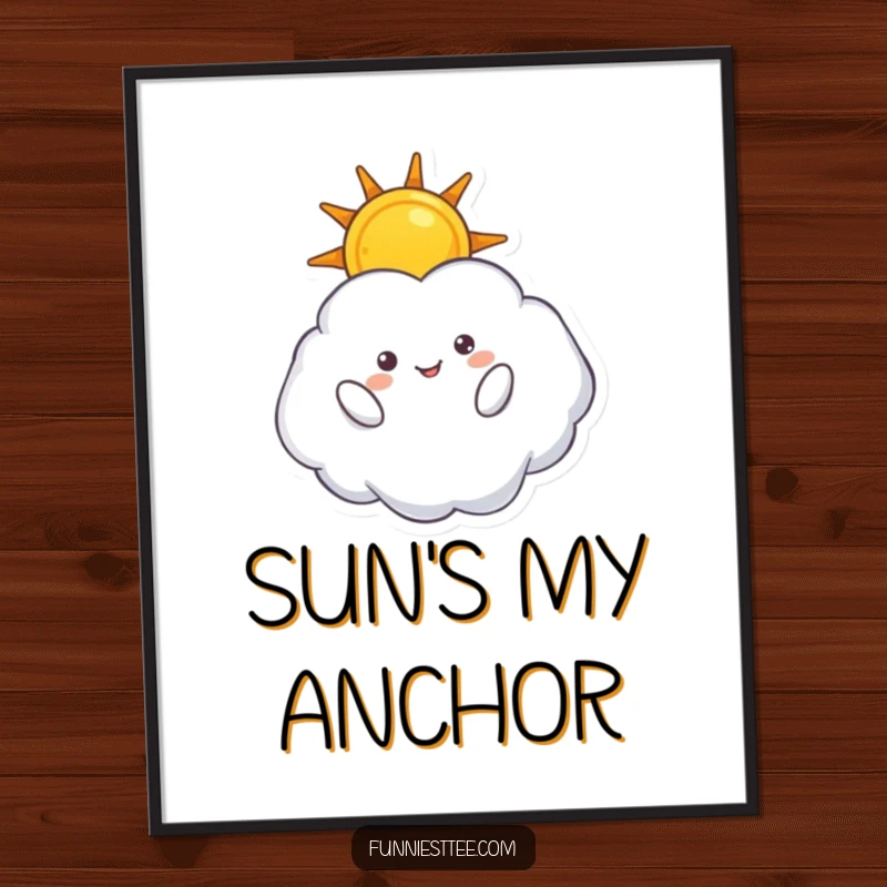 Funny poster of a happy cloud character upside down, holding a sun, creating a surreal and charming celestial artwork.