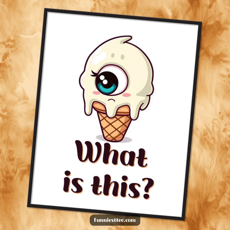 Funny poster of a melting ice cream cone with one giant, confused eye, looking bewildered, a unique and amusing piece of art.