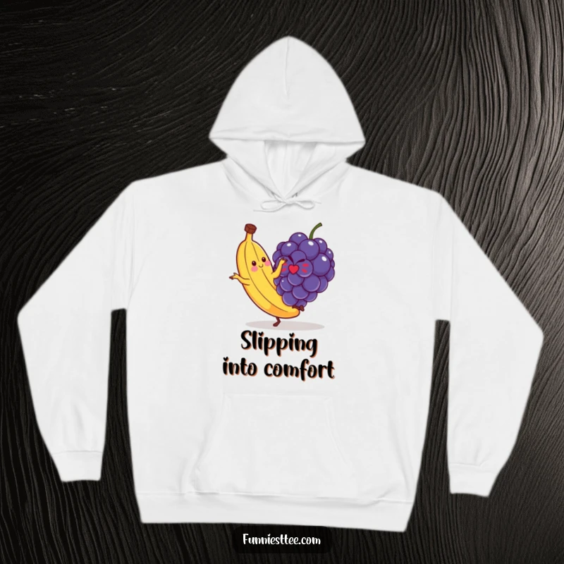 Funny hoodie depicting a cartoon banana dramatically slipping on a single, rogue grape, capturing a moment of hilarious, fruity chaos.