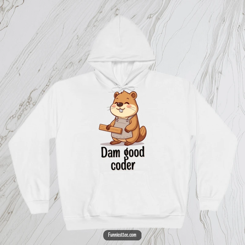 Funny beaver coder wearing an apron, building a website with wood planks, printed on a soft, warm hoodie.