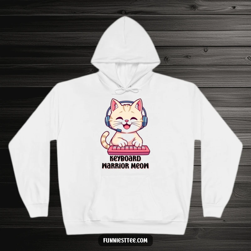 Funny Cat Hoodie: A happy cat wearing a small headset types furiously on a keyboard, a cozy and funny gift.